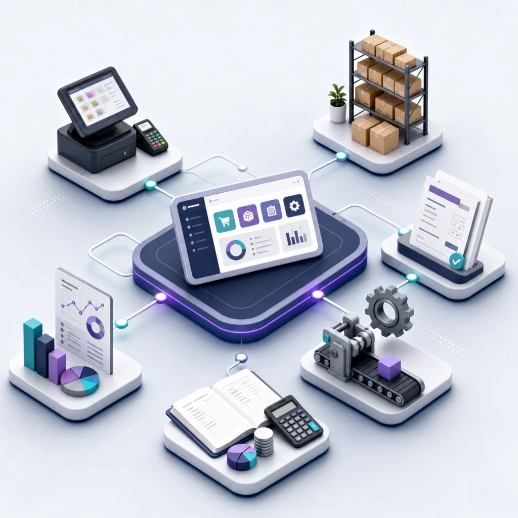 Connected ERP workflow graphic for Odoo consulting, showing sales, inventory, purchasing, manufacturing, accounting, and reporting