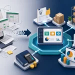 Illustration of spreadsheets transforming into a connected ERP workflow for small business operations